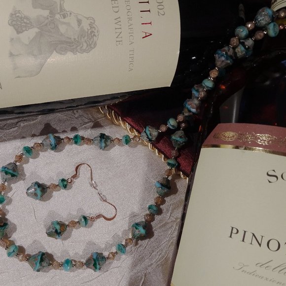 Handmade necklace/earring set with Czech aquamarine bicone beads - Picture 4 of 7